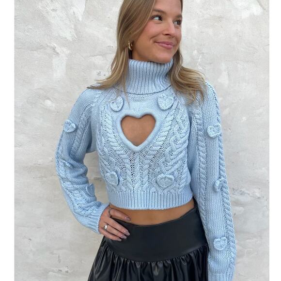 For Love And Lemons Sweaters - NWT FOR LOVE & LEMONS Rebecca Heart Sweater Size S & M in Blue Knit Turtle Neck